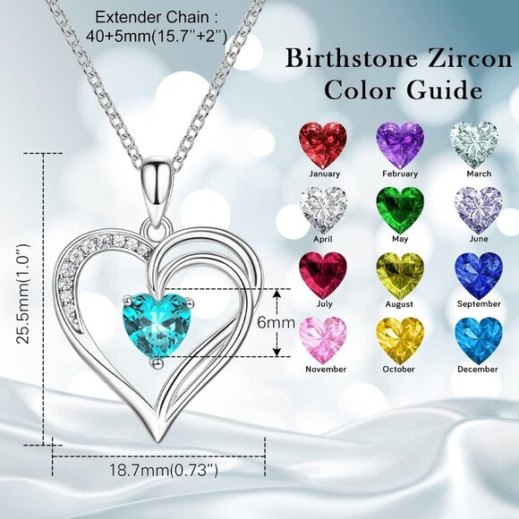 925 Sterling Silver Heart Necklace for Women Birthstone Necklace Silver Jewelry - Picture 2 of 7